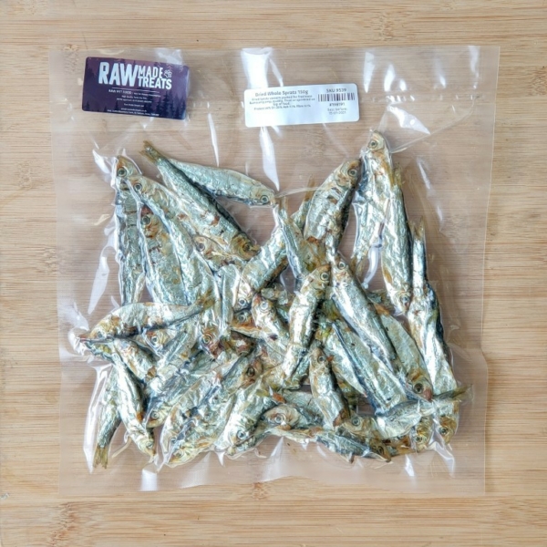 Dried Whole Sprats 100g bag, raw dog food